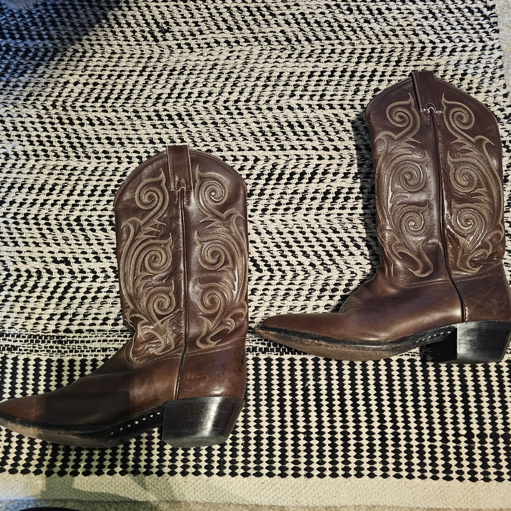 Tony Lama Brown Leather Western Boots with Embroidery, Made in USA